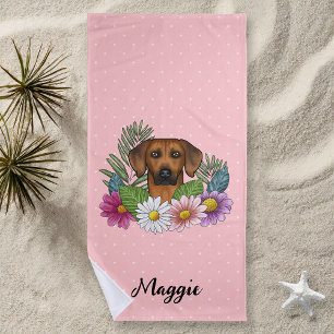 Serviette De Plage Tête de chien Rhodesian Ridgeback Fleurs colorées