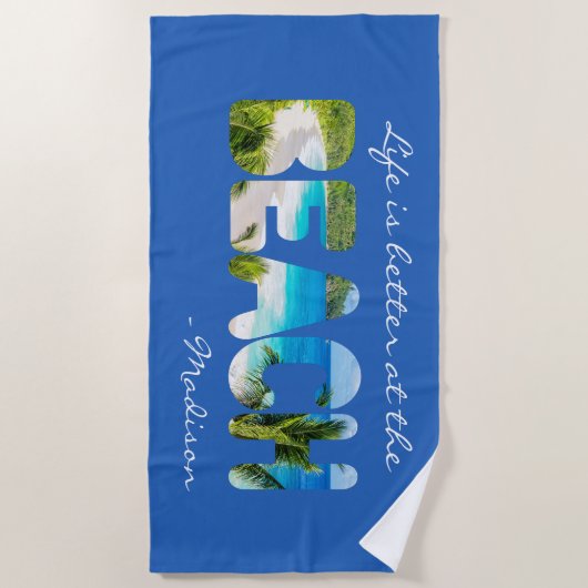 Serviette De Plage Texte et couleur personnalisés BEACH (Devant)