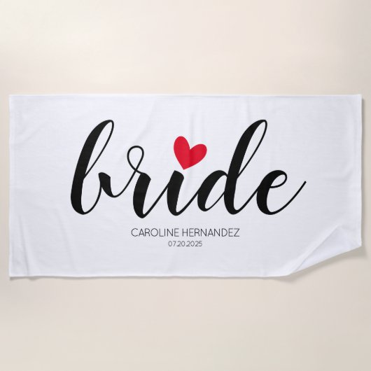 Serviette De Plage Texte simple de mariée avec personnalisation de cœ (Devant)