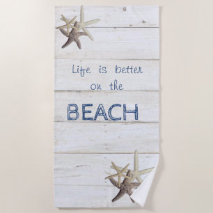 Serviette De Plage Texture de bois adorable, étoile de mer, plage   