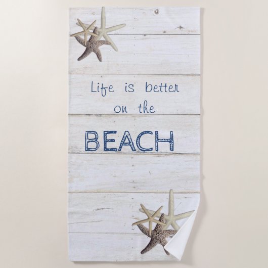 Serviette De Plage Texture de bois adorable, étoile de mer, plage (Devant)