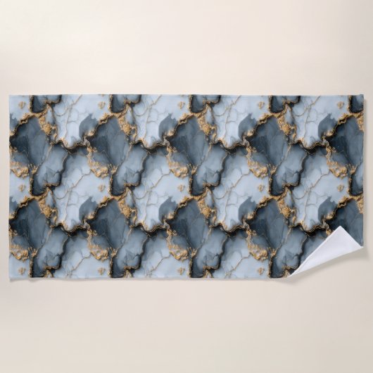 Serviette De Plage Texture de marbre bleu foncé avec veines d'or liqu (Devant)