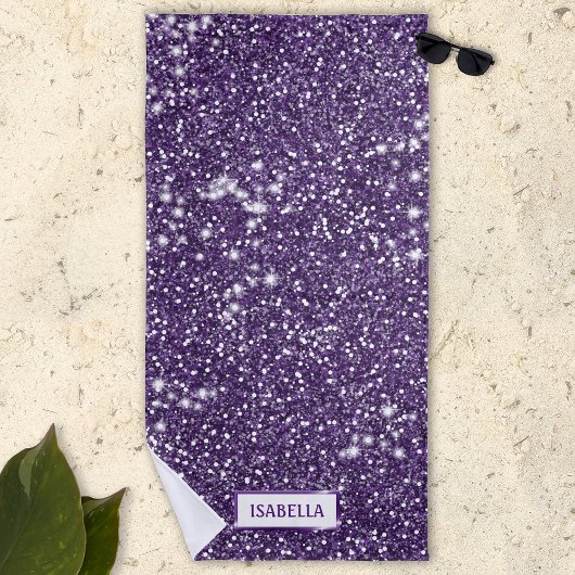 Serviette De Plage Texture de paillettes violettes fausses avec nom p