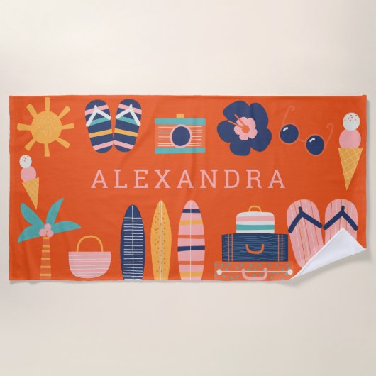 Serviette De Plage Thème de voyage estival Mignon Orange Personnalisé (Devant)