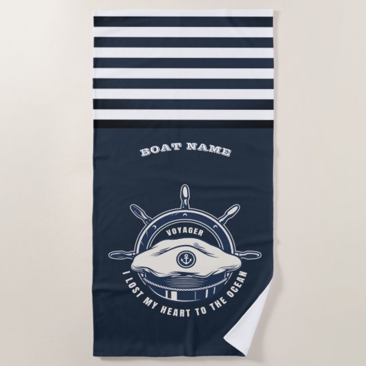 Serviette De Plage Thème Nautique Nom de Bateau Rayure Bleu Marine (Devant)