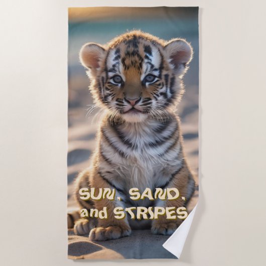 Serviette De Plage Tiger Cub "SOLEIL, SABLE ET STRIPES" (Devant)