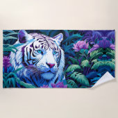 Serviette De Plage Tigre blanc en fleurs violettes (Devant)