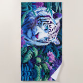 Serviette De Plage Tigre blanc en fleurs violettes (Devant)