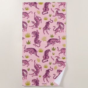 Serviette De Plage Tigres roses mignons Feuilles tropicales Animal ab
