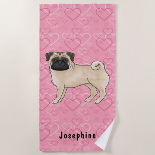 Serviette De Plage Tirelire Pug Chien Mignon Et Coeurs Roses Avec Nom