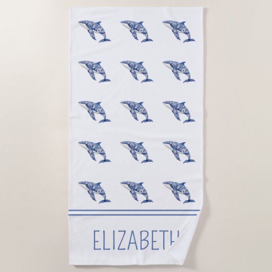 Serviette De Plage Toile Bleue Plage Florale Dauphin Personnalisé (Devant)