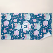 Serviette De Plage Toit de plage de Monogramme de baleines florales r (Devant)
