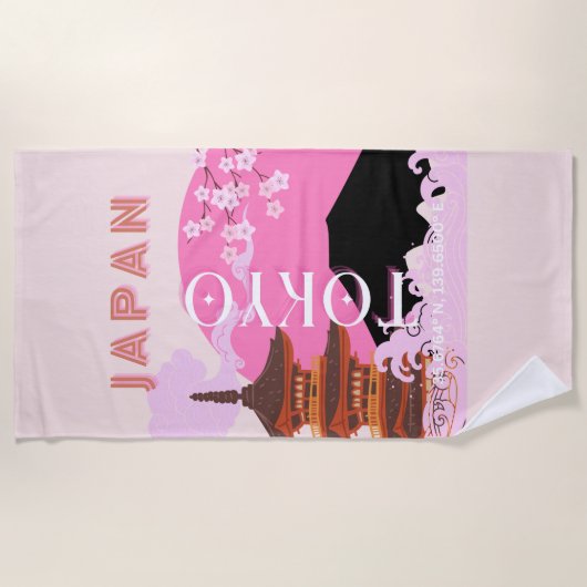 Serviette De Plage Tokyo Japan Travel Art, Retro Travel Art, Rose (Devant)