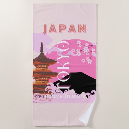 Serviette De Plage Tokyo Japan Travel Art, Retro Travel Art, Rose (Devant)