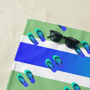 Serviette De Plage Tongs bleus + Océan à rayures aqua