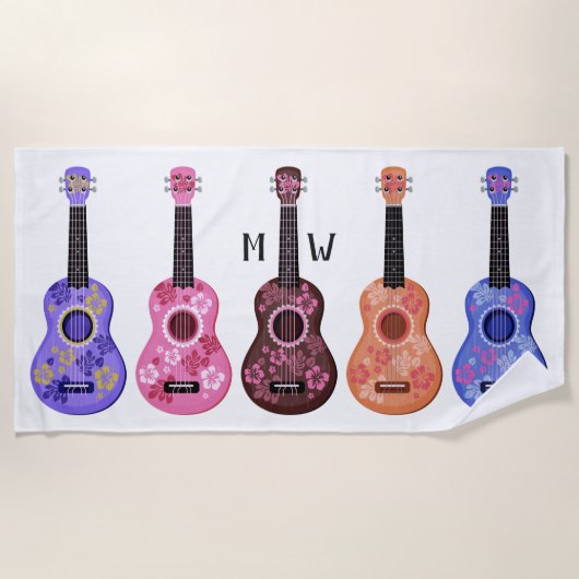 Serviette De Plage Torchon de plage monogramme personnalisé Ukuleles (Devant)