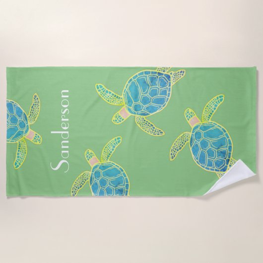 Serviette De Plage Tortue côtière monogramme bleu jaune vert (Devant)