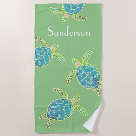 Serviette De Plage Tortue côtière monogramme bleu jaune vert (Devant)
