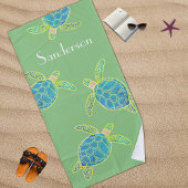 Serviette De Plage Tortue côtière monogramme bleu jaune vert