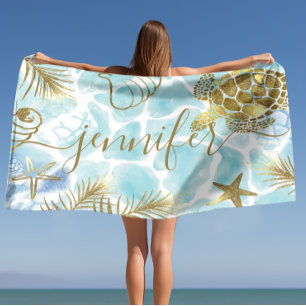 Serviette De Plage Tortue d'or Tropical Nom personnalisé