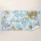 Serviette De Plage Tortue d'or Tropical Nom personnalisé (Devant)