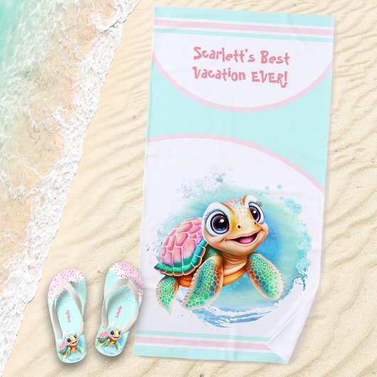 Serviette De Plage Tortue mignonne Nom de vacances été Fille
