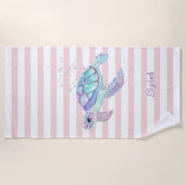 Serviette De Plage Tortue Pailletée Rayures Roses  (Devant)