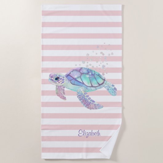 Serviette De Plage Tortue Pailletée Rayures Roses  (Devant)