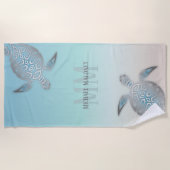 Serviette De Plage Tortues Argent Initiales Votre Nom Beige Turquoise (Devant)