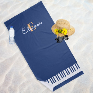 Serviette De Plage Touches de piano bleu marine blanc Monogramme clav