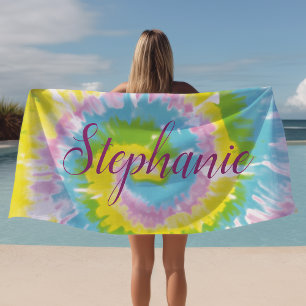 Serviette De Plage Tourbillon Tie-Dye Jaune Bleu Été Personnalisé
