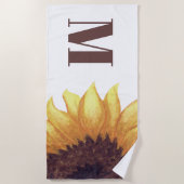 Serviette De Plage Tournesol Brun Jaune Monogramme Initial Blanc (Devant)