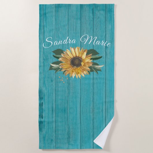 Serviette De Plage Tournesol jaune doré rustique Bois Turquoise | (Devant)