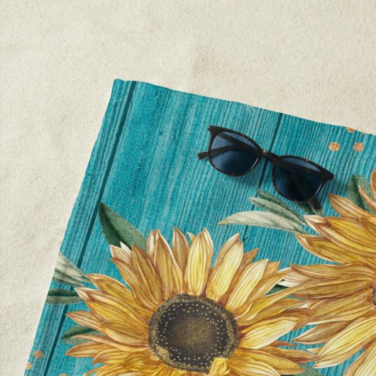 Serviette De Plage Tournesol rustique Turquoise Bleu Grange Bois Pays (En situation)