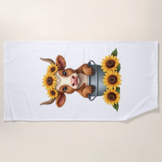 Serviette De Plage Tournesol Vintage Vache Highland dans Seau Floral 
