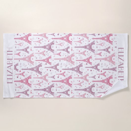 Serviette De Plage Tours et coeurs Eiffel personnalisés (Devant)