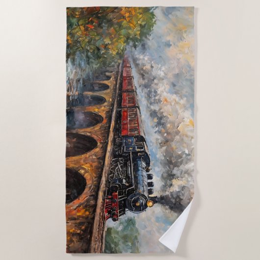 Serviette De Plage Train à vapeur sur un pont - Peinture à l'huile (Devant)