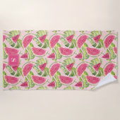 Serviette De Plage Tranches de pastèque à l'aquarelle tropicale monog (Devant)