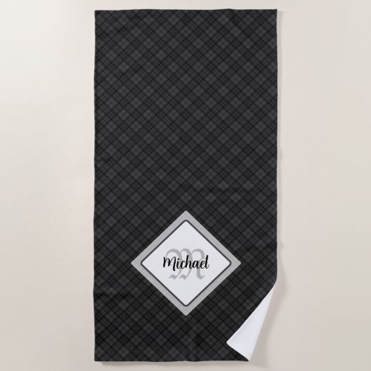 Serviette De Plage Trendy noir blanc tartan Personnaliser Monogramme (Devant)