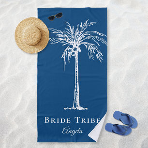 Serviette De Plage Tribe Mariée Bleu Blanc Palm Tree Personnalisé
