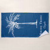 Serviette De Plage Tribe Mariée Bleu Blanc Palm Tree Personnalisé (Devant)