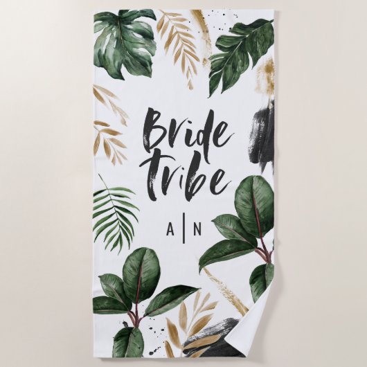 Serviette De Plage Tribu de la mariée feuille tropicale et typographi (Devant)