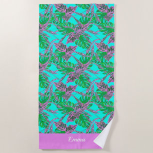 Serviette De Plage Tropical bleu vert prénom initiale moderne plage