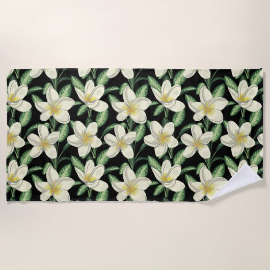 Serviette De Plage Tropical continu motif fleurs blanches feuille ver (Devant)
