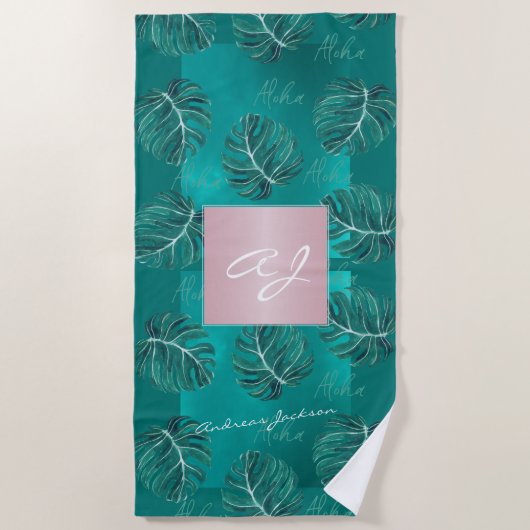 Serviette De Plage Tropical feuille rose or moderne nom monogramme (Devant)
