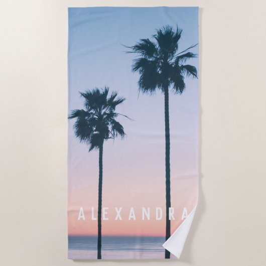 Serviette De Plage Tropical Pink & Blue Ombre Palm Tree Nom du couche (Devant)