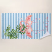 Serviette De Plage Tropical, Striped, Flamants roses En Amour (Devant)