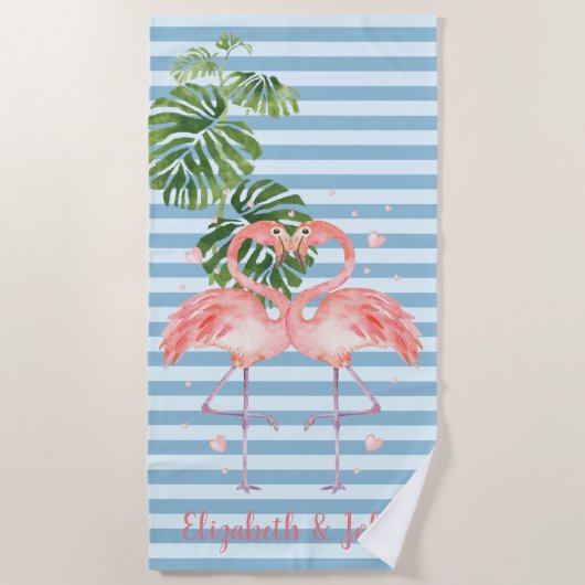 Serviette De Plage Tropical, Striped, Flamants roses En Amour (Devant)