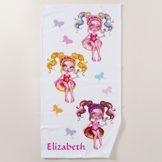 Serviette De Plage Tubes Filles Mignonnes Avec Boutons Personnalisées (Devant)