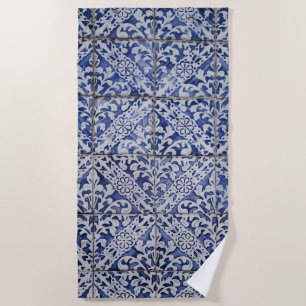 Serviette De Plage Tuiles portugaises - Azulejo Floral bleu et blanc